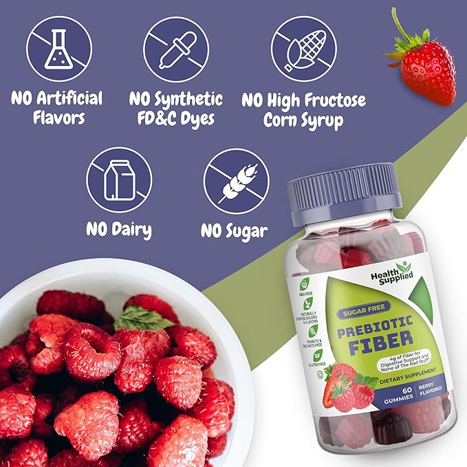 Mixed Berry Flavored Prebiotic Fiber Gummies - Supports Digestive System Through Gut Cleansing and Constipation Relief - Assists with Weight Loss Plan - Great Tasting and Easy to Swallow