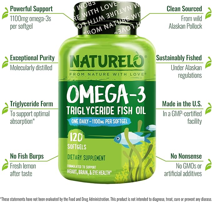NATURELO Burpless Omega 3 Fish Oil Supplement 1100mg Triglyceride Omega-3, EPA 3 for 120 Softgels, 4 Months
