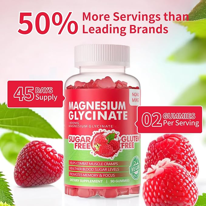 90 CT Magnesium Glycinate Gummies 1000mg B6, CoQ10 CoQ10 for 90 Raspberry