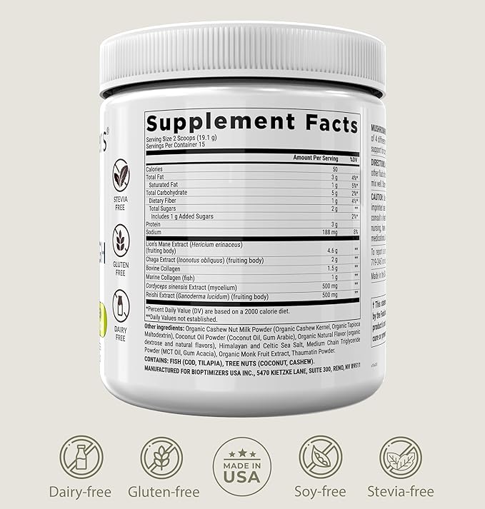 BiOptimizers Mushroom Coffee Alternative – Salted Caramel Drink – Lion’s Mane, Chaga, Reishi + Collagen Peptides for Focus, Energy & Gut Health – Adaptogenic Mushrooms & MCT Powder – 15 Servings