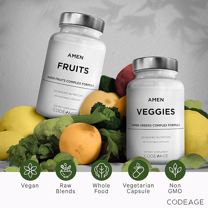 Amen Fruits + Veggies Vitamins Bundle, Raw Whole Food Multivitamin Capsules, Greens Vegetables, Red Fruits & Berries Vegan Blend, Fibers + Phytonutrients Superfood Minerals Supplement, Non-GMO, 180 ct