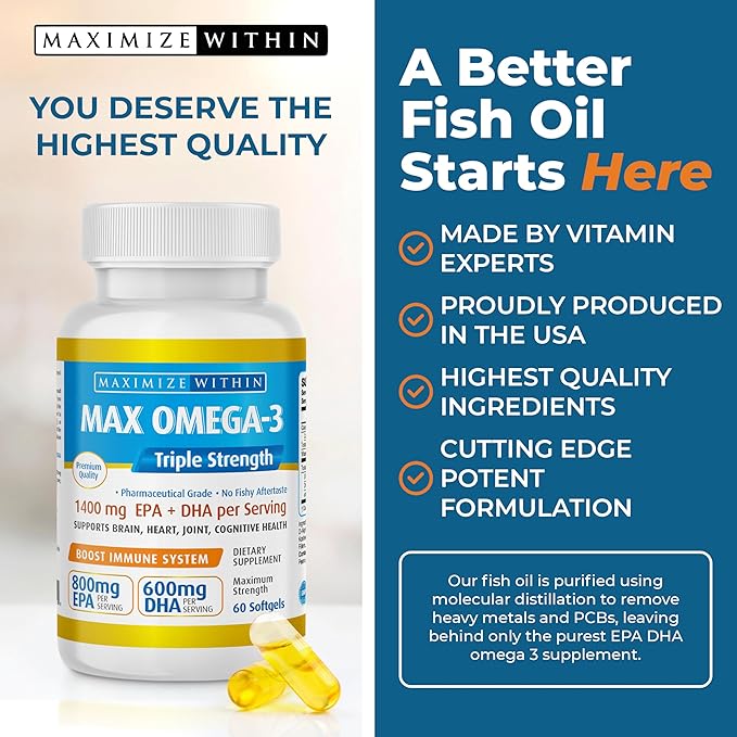 Max Omega 3 Fish Oil Pills (2000 mg 3 Fatty 600mg DHA 800 mg