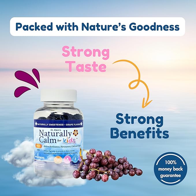 Dr. Klein's Naturally Calm Gummies for Kids - Chamomile, Linden, & Magnesium for Soothing Kids Ages 5+ Vitamins to Aid Sleep - Magnesium Gummies for Kids - Calm Chews for Kids - Grape Sugar-Free 30ct