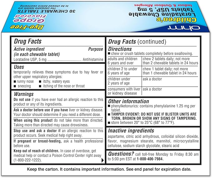 Ohm Children’s Chewable Tablets, Dye Free, 24h Antihistamine, 5mg, 30 30 Tablets (30 Count)