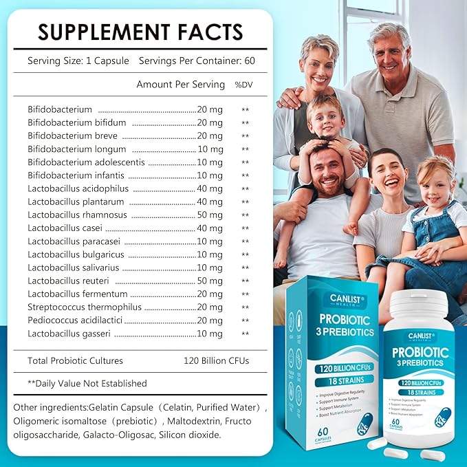 Probiotics 120 Billion CFUs 18 Strains, 3 Prebiotics 60 Vegetarian