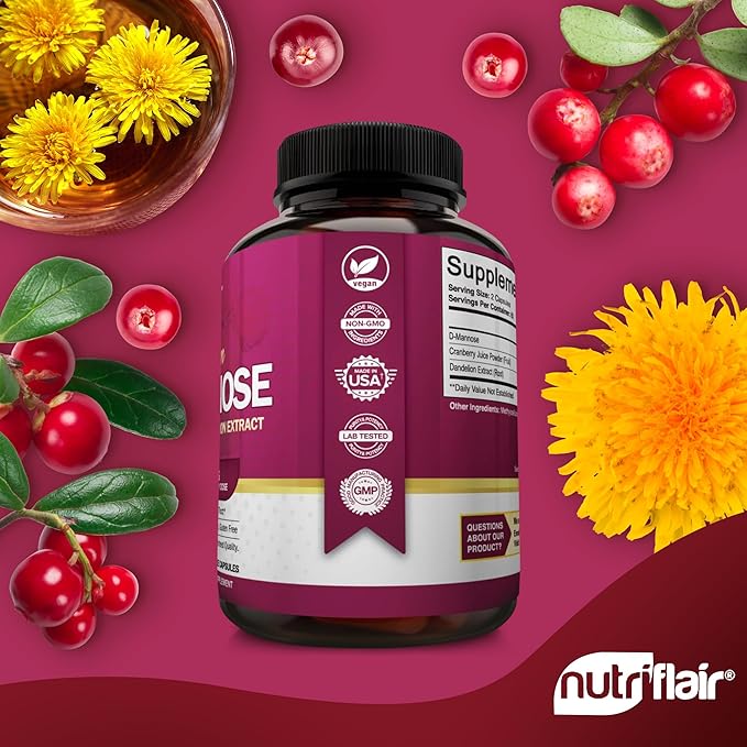 NutriFlair D-Mannose 1500mg, 120 Capsules - with Cranberry and Dandelion Extract - Natural Urinary Tract Health UTI Support - Best D Mannose Powder - Flush Impurities, Detox Body, for Women and Men