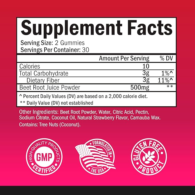Sugar Free Beet Root Gummies - Nitric Oxide Beet Chews Infused with Coconut Oil for Highest Absorption - Supports Energy & Whole Body Health - Delicious Strawberry Flavor - 60 Count (30 Day Supply)