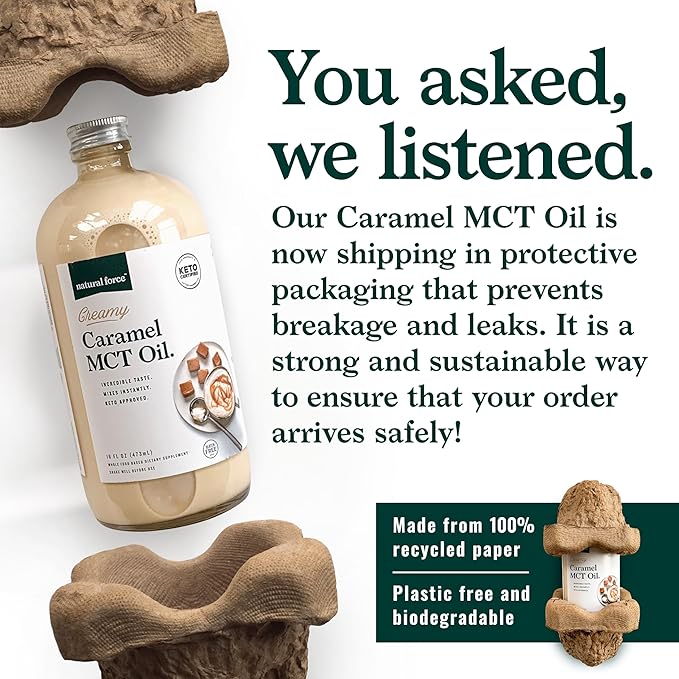 Natural Force Creamy Caramel MCT Oil – Non Dairy, Keto Certified, Emulsified MCTs for Low-Carb, Ketogenic Coffee, Smoothies, & Shakes - Mixes Instantly + No Blending Required – 16 Oz Glass Bottle