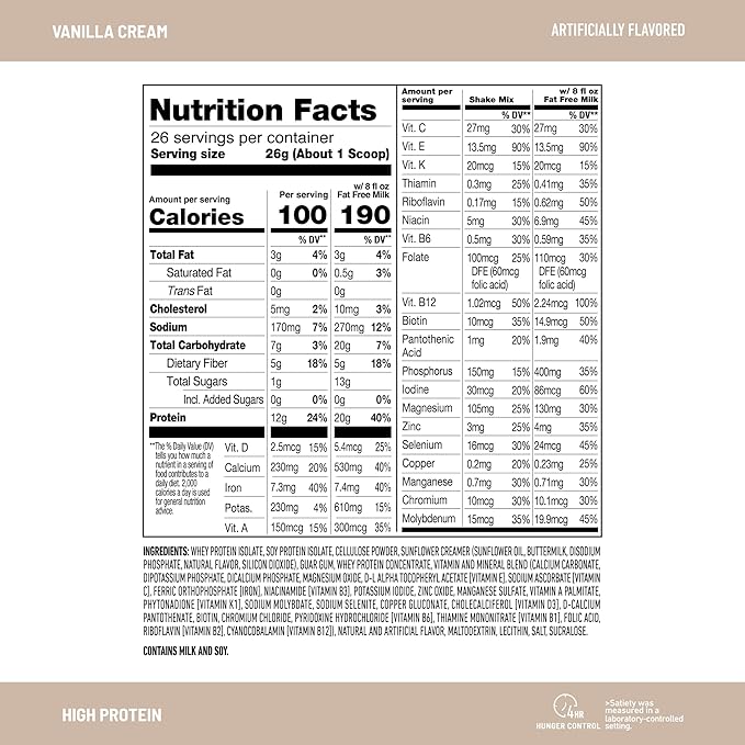 SlimFast High Protein Meal Replacement Powder, 26 Servings, Advanced Nutrition Smoothie Mix with Vitamin and Mineral Blend, Gluten Free, Vanilla Cream, 1.53 Pounds