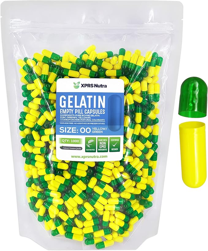 XPRS Nutra Size 00 Empty Capsules - 1000 Count Empty Gelatin Capsules - Empty Pill Capsules - DIY Capsule Filling - Fillable Pill Capsules Empty Gel Caps (Green/Yellow)