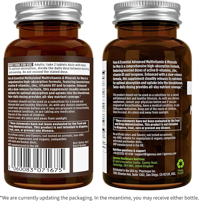 Igennus Methylated Men's Multivitamin, MTHFR Supplement with Active B-Vitamins, 21 Highly Bioavailable Nutrients, Multivitamin for Sustained Release, Clean Label, Non-GMO & Halal 60 Tablets