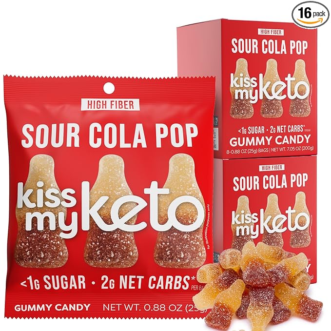 Kiss My Keto Gummies Candy – Low Carb Candy Sour Cola Pop, Keto Snack Pack – Healthy Candy Gummys – Vegan Candy, Keto Gummy Candy – Keto Candy Gummies (16-pack)