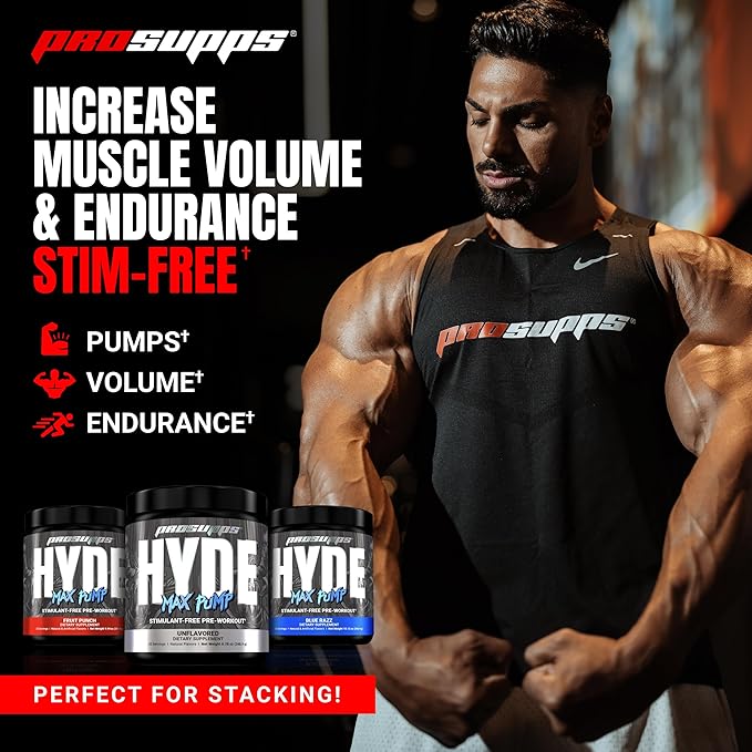 PROSUPPS Hyde Max Pump Pre Workout for Men and Women - Nitric Oxide Supplement for Pump and Endurance - Stimulant Free Pre Workout to Promote Blood Flow and Muscle Strength (Blue Razz, 20 Servings)