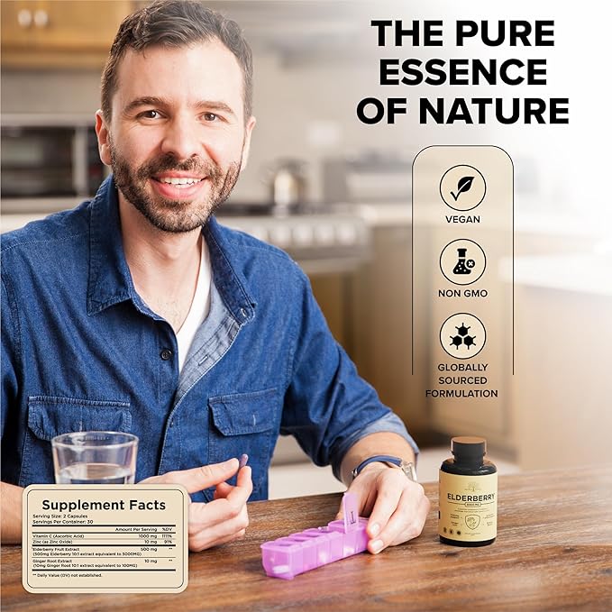 Elderberry with Vitamin C, Zinc, & Ginger – Potent Immune Booster 5000 Mg Elderberry, Zinc, & Vitamin C – Non-GMO Immunity Vitamins for Adults to Help You Feel Vibrant, 60 Caps.