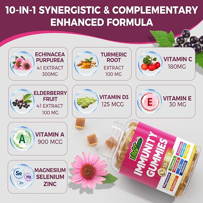Multivitamin Gummies Daily Immunity Booster, Natural Herbal Elderberry, Echinacea, Turmeric, Vitamin A C, D3 5000IU, E, Zinc, Selenium, Magnesium Support Respiratory, Cellular & Bone Health, 1 Pack