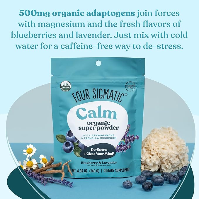 Four Sigmatic Calm Super Powder | Organic Superfood Powder with Magnesium Citrate, Organic Chamomile Extract, and Tremella Mushroom Extract | Blueberry Drink Mix (4.94 oz.)