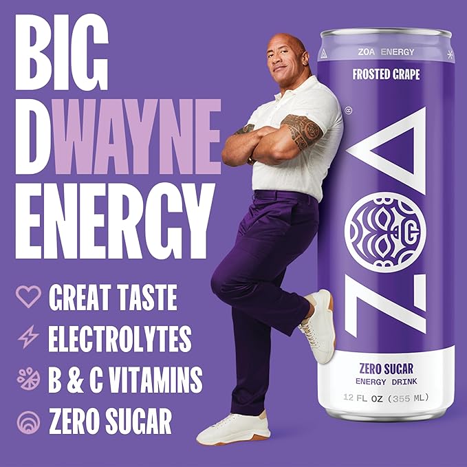 ZOA Zero Sugar Energy Drinks, Frosted Grape - Sugar Free with Electrolytes, Healthy Vitamin C, Amino Acids, Essential B-Vitamins, and Caffeine from Green Tea - 16 Fl Oz (12-Pack)