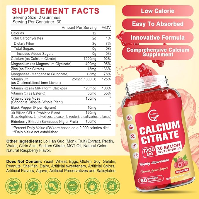 Calcium Citrate Gummies, Calcium 1200 mg with Vitamin d3, K2, Magnesium, Zinc for Bone, Muscle & Immune Support, High Absorption Calcium Supplement for Women & Men, Raspberry Flavor, 60 Chews