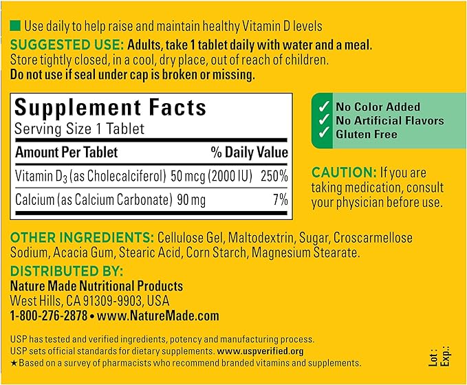 Nature Made Vitamin D3 2000 IU (50 mcg), 220 Tablets, 220 Day