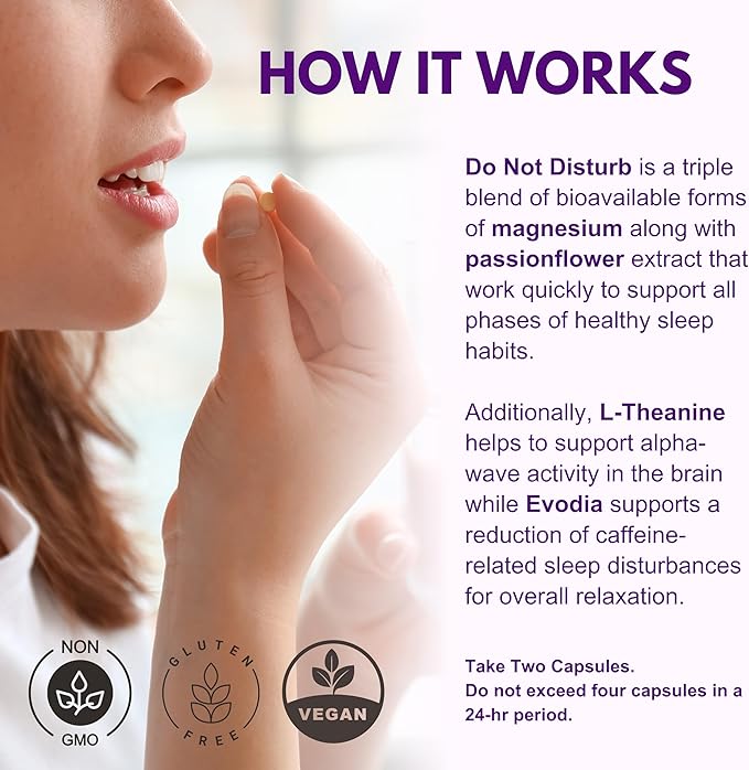 Life Happns Do Not Disturb Sleep Aid for Adults Natural Supplement with L-Theanine, Magnesium, Passion Flower & Evodia Fruit for Restorative Sleep Melatonin-Free, Non Habit-Forming, 60 Capsules