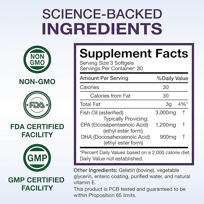 Wild Caught Omega 3 Fish Oil 3000mg 900mg + 1200mg Non-GMO (90 Soft