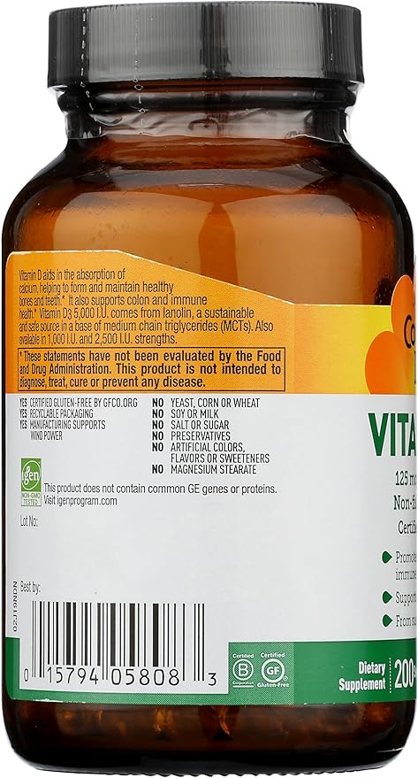 Country Life Vitamin D3 5000 IU for Immune and Bone Health, Calcium Absorption, and Colon Health - Sustainable Source from Lanolin, Available in Various Strengths