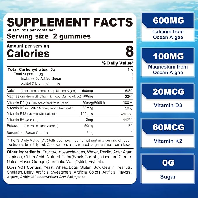 Algae Based Calcium Supplement 600mg, Ocean D3, K2, K2, Magnesium, B6, B12 B12 for 2 Pack