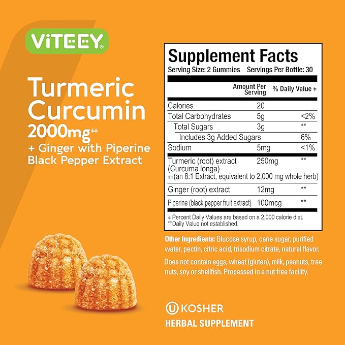 Turmeric Curcumin Gummies with Ginger & Black Pepper Herbal Supplement, 2000mg, Immune Support, Healthy Skin, and Joint Health, Vegan, Pectin Based, for Adults and Teens - Chewable Peach Flavor(2Pack)