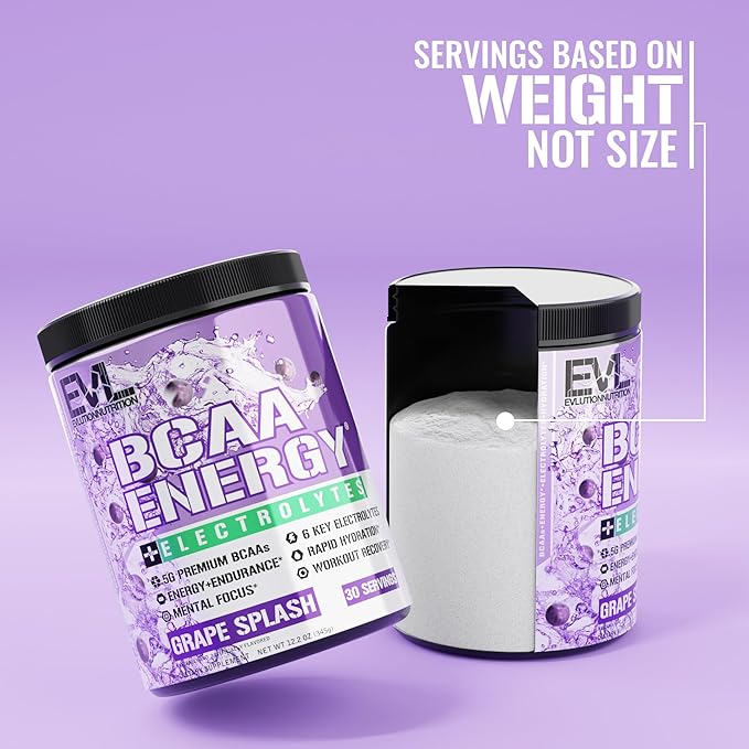 EVL BCAAs Amino Acids Powder - BCAA Energy Pre Workout Powder for Muscle Recovery Lean Growth and Endurance - Rehydrating BCAA Powder Post Workout Recovery Drink with 6 Key Electrolytes - Grape Splash