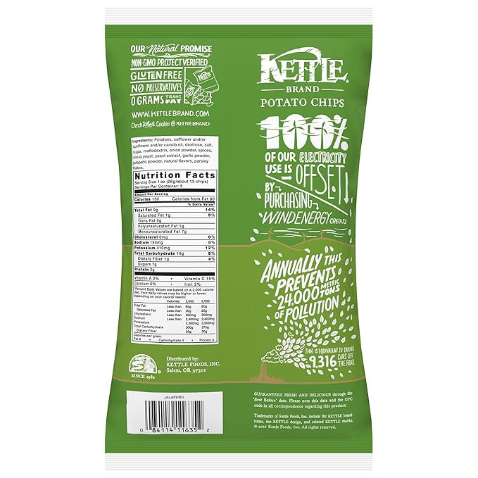 Kettle Brand Potato Chips, Jalapeno, 5 Ounce Bags (Pack of 8)