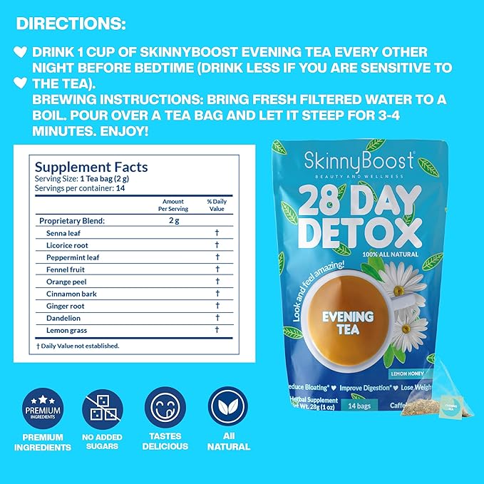 SkinnyBoost 28 Day Detox Tea Kit – Natural Cleansing & Bloating Support – 3 Pack - 28 Daytime Tea Bags & 14 Evening Tea Bags – Green Tea & Herbal Blend – Non-GMO, Vegan, Keto-Friendly, Sugar-Free