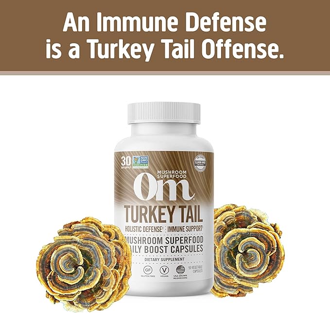 Om Mushroom Superfood Turkey Tail Mushroom Capsules Superfood Supplement, 90 Count, 30 Days, Immune Support, Polysacchrides, Beta-Glucans, Gut Health & Holistic Defense Mushroom Supplement