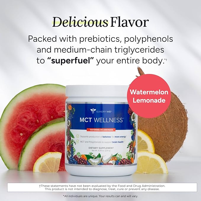 Gundry MD MCT Wellness Powder to Support Energy, Ketone Production and Brain Health, Keto Friendly, Sugar Free (30 Servings) (Watermelon Lemonade)