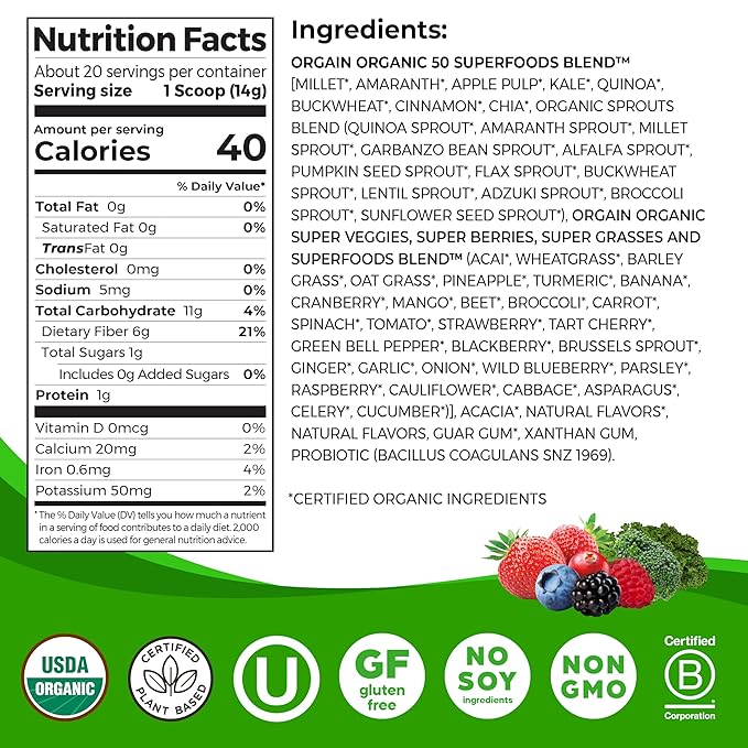 Orgain Organic Greens Powder + 50 1 Billion 0.62lb