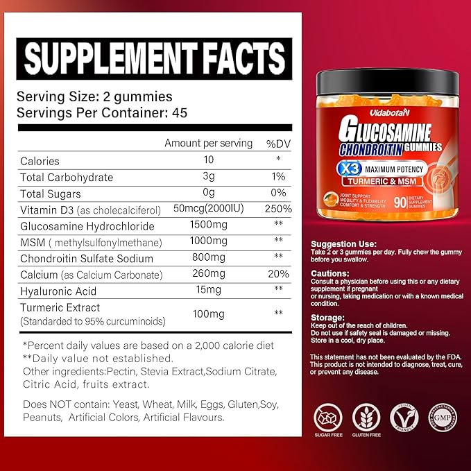 Sugar Free Glucosamine Chondroitin Gummgies, Extra 1500mg with (90 Count)