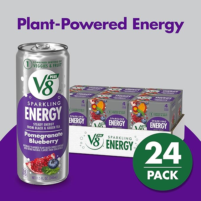 V8 +Energy Sparkling Pomegranate Blueberry Juice Energy Drink, 11.5 fl oz Can (24 Pack)