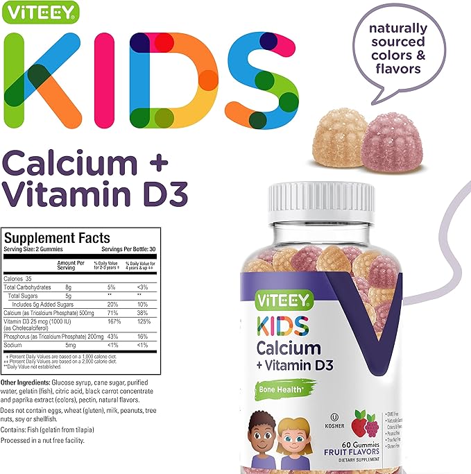 Kids Calcium Gummies with Vitamin D3 500mg plus D3 1000iu 1000iu -