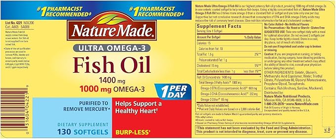 Nature Made Ultra Omega-3 Burpless Fish 1400 mg 3 1000 1000 mg, 130 Count
