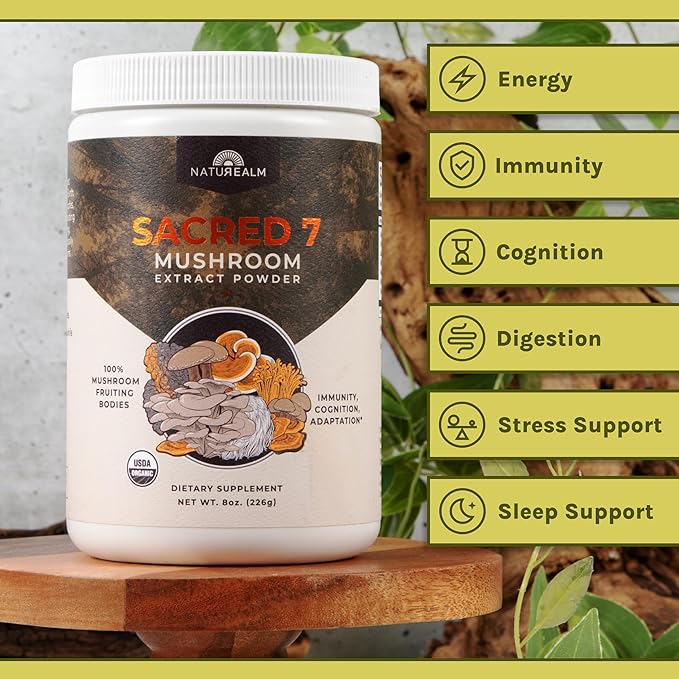 Naturealm Sacred 7 Mushroom Powder Supplement – Boost Immunity, Focus, Vegan, Non-GMO – Lion’s Mane, Cordyceps, Reishi, Chaga, Maitake, Shiitake – Organic Fruiting Bodies, 7-Month Supply