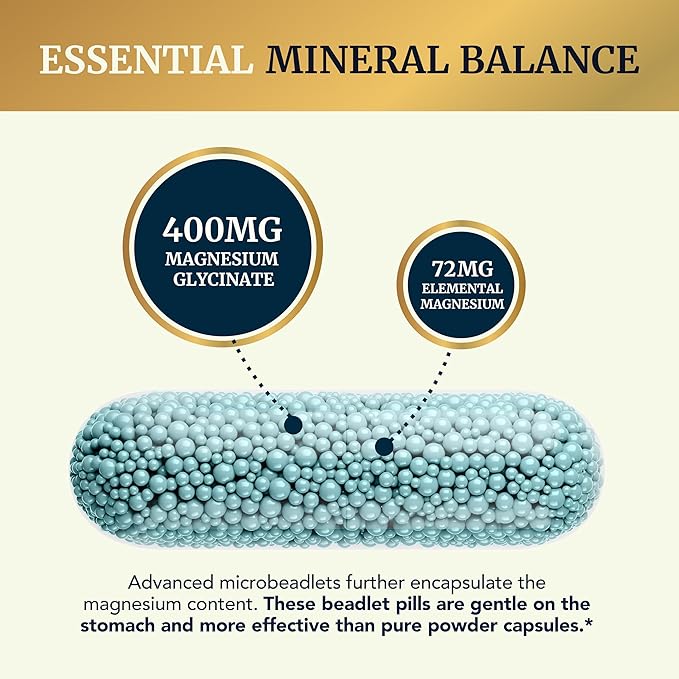 Magnesium Glycinate Supplement | Advanced Microbeadlets | Chelated for Maximum Absorption | 400mg Magnesium Bisglycinate Powder Per Serving | TRAACS Chelate System | for Women & Men | 60 Capsules