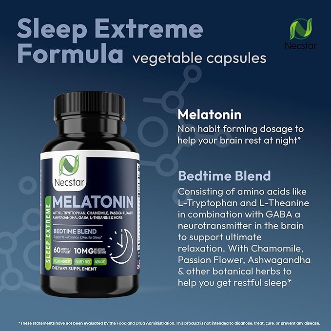 Necstar Sleep Aid, Sleep Support Supplement 10mg, with 60 Vegan