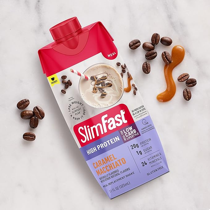 SlimFast Protein Shake with Caffeine, Caramel 20g Protein, 24 Vitamins 12)