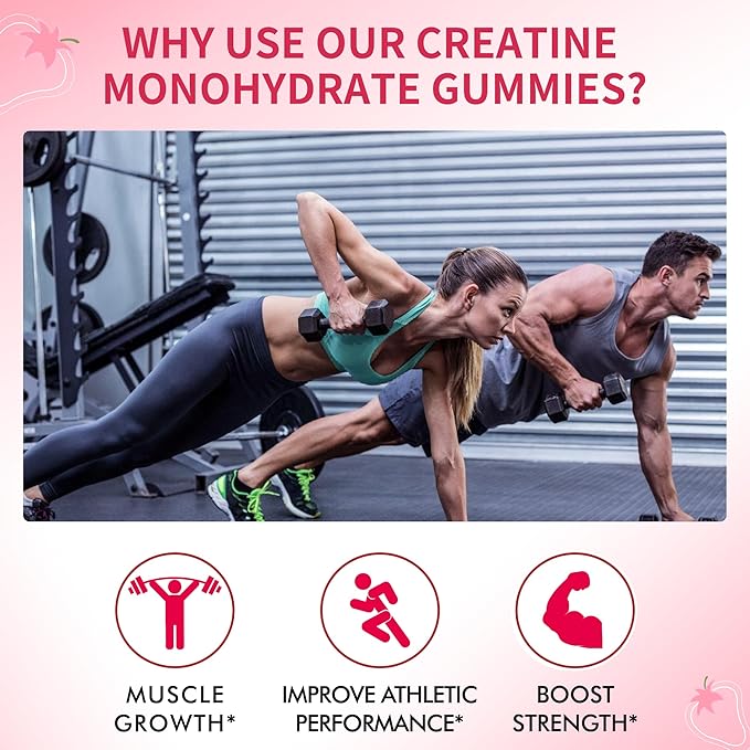 Creatine Monohydrate Gummies 5000mg for Men & Women, Chewables Creatine Monohydrate for Muscle Strength, Muscle Builder, Energy Boost, Pre-Workout Supplement-180 Strawberry Gummies