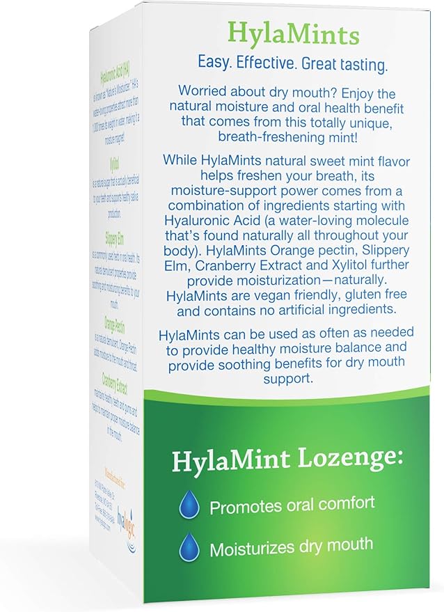 Hyalogic HyaMints Breath Mints for Dry Mouth- Sugar Free Mint Flavor— Natural Breath Freshener w/Hyaluronic Acid, Cranberry Extract, Xylitol, Slippery Elm, Orange Pectin (60 Count)