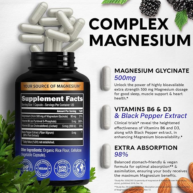 Magnesium Glycinate 500 mg D3 & B6 - 98% Absorption 120 Capsules, 4 Month