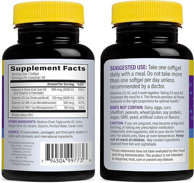 InnovixLabs Vitamin D3 K2-5000 IU Vitamin D3 plus 600 mcg K2 MK4 MK4 and MK7 for 3rd Party 60 Softgels