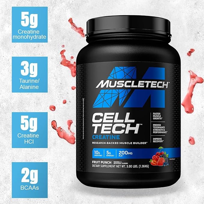 Creatine Monohydrate Powder MuscleTech Cell-Tech Creatine Post Workout Recovery Drink Muscle Builder For Men & Women Muscle Building Supplements Fruit Punch, 3 lbs (27 Serv)