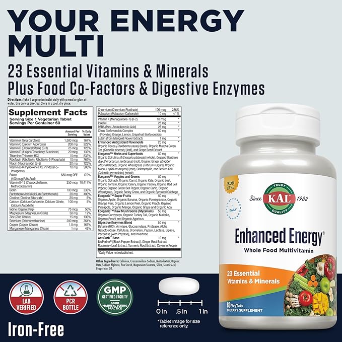KAL Enhanced Energy Supplements, Once Daily 23 Essential 60-Day Guarantee, 60 Serv, 60 VegTabs