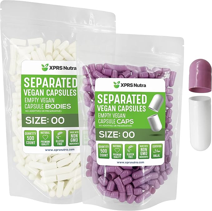 XPRS Nutra Vegan Size 00 Separated Capsules - 500 Count Premium Empty Capsules Separated in Bags - Separated Empty 00 Capsules - Pill Capsules Empty for DIY Supplement Filling (Lavender/White)