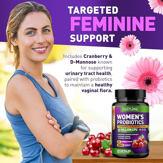 Probiotics for Women - 60 Billion CFUs, 16 Strains, with Cranberry, D-Mannose & Prebiotics - Supports Digestive, Immune, & Vaginal Health - Non-GMO, Dairy & Gluten-Free - 60 Veggie Capsules